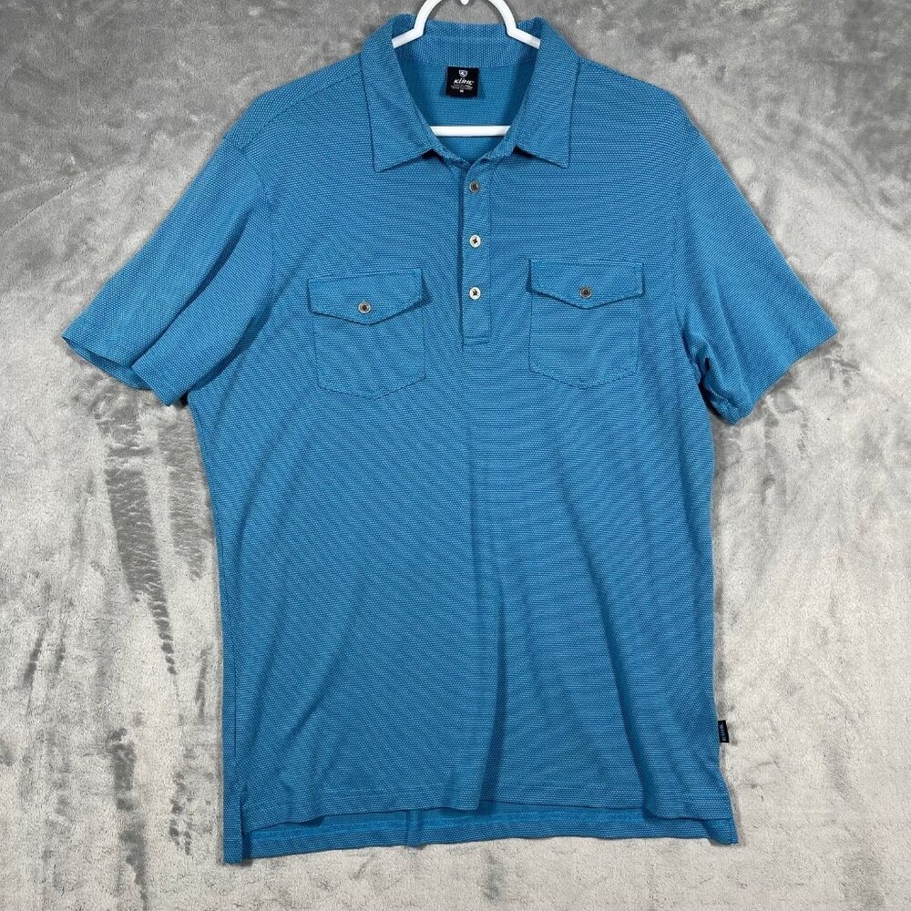 Kühl Blue Polo Shirt Waffle Texture Mens Medium W/ Button Pockets & Logo Patch‎